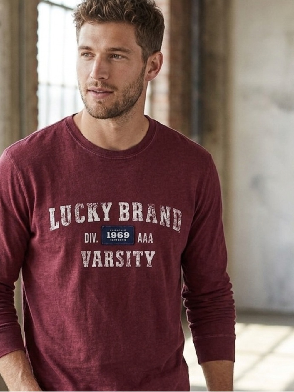 Men’s Lucky Brand Burgundy Long-Sleeve Varsity Graphic Tee, Size Medium Crewneck